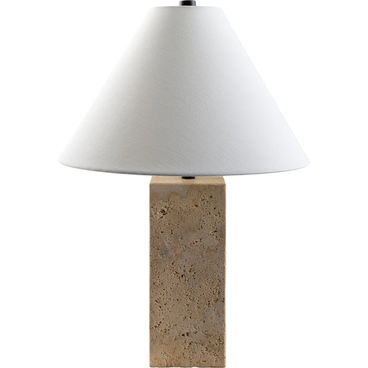 Agate Lamp - 499308 by Surya in beige. Made from body: travertine, shade (outside): linen, shade (inside): polystyrene, finial: metal in a modern style.