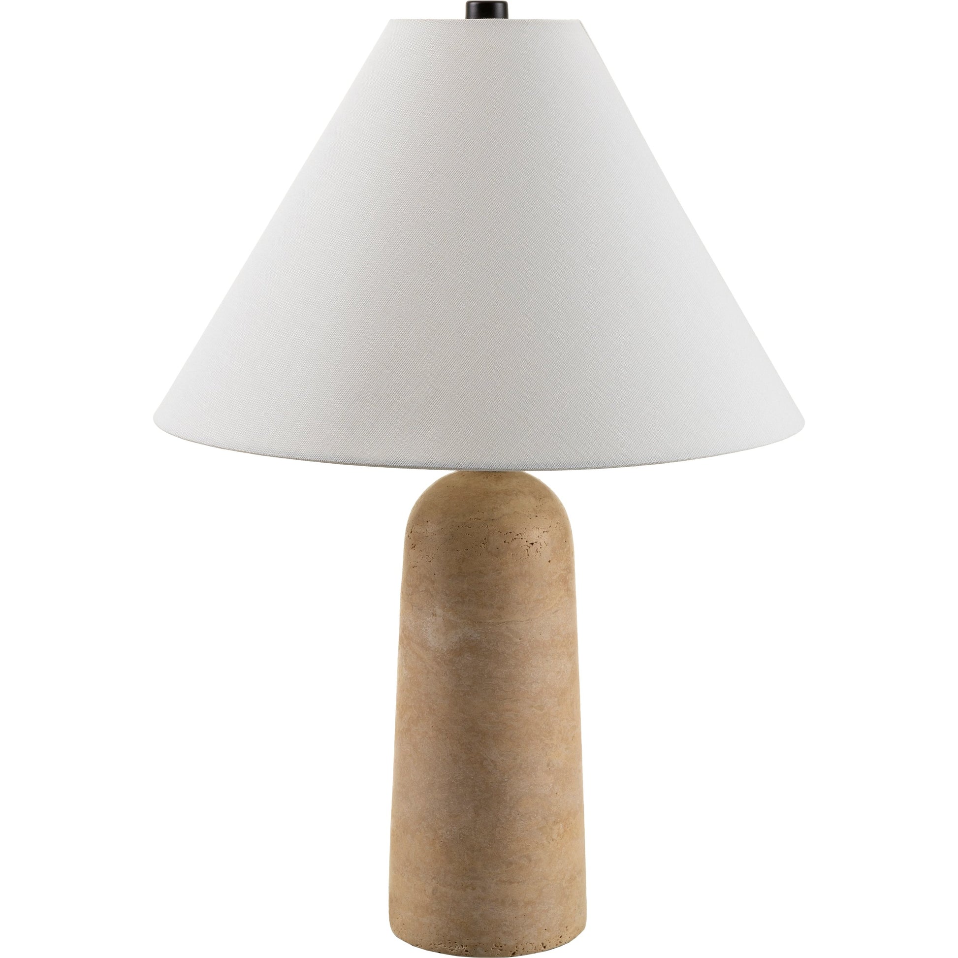 Agate Lamp - 499311 by Surya in beige. Made from body: travertine, shade (outside): linen, shade (inside): polystyrene, finial: metal in a modern style.