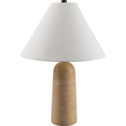 Agate Lamp - 499311 by Surya in beige. Made from body: travertine, shade (outside): linen, shade (inside): polystyrene, finial: metal in a modern style.