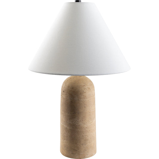 Agate Lamp - 499314 by Surya in beige. Made from body: travertine, shade (outside): linen, shade (inside): polystyrene, finial: metal in a modern style.