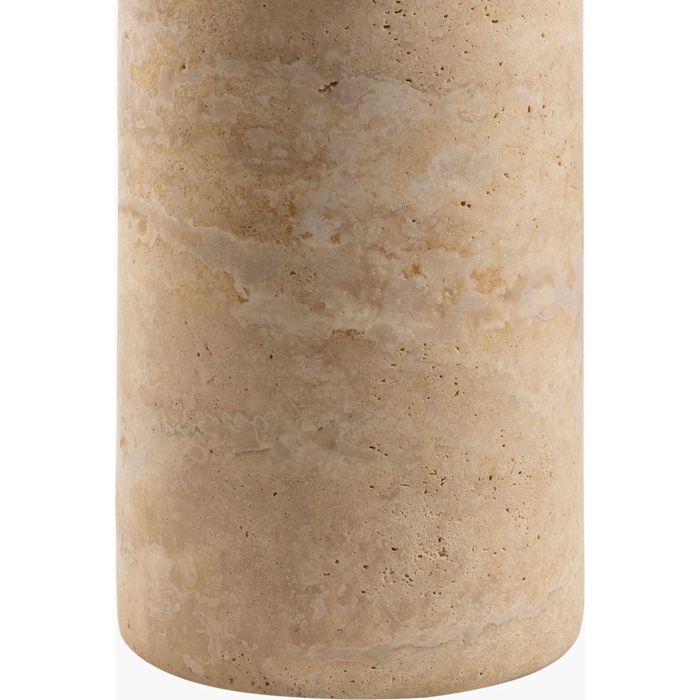 002 SI-2132232 | Closeup | Agate Lamp - 499293 by Livabliss in beige. Made from body: travertine, shade (outside): linen, shade (inside): polystyrene, finial: metal in a modern style.