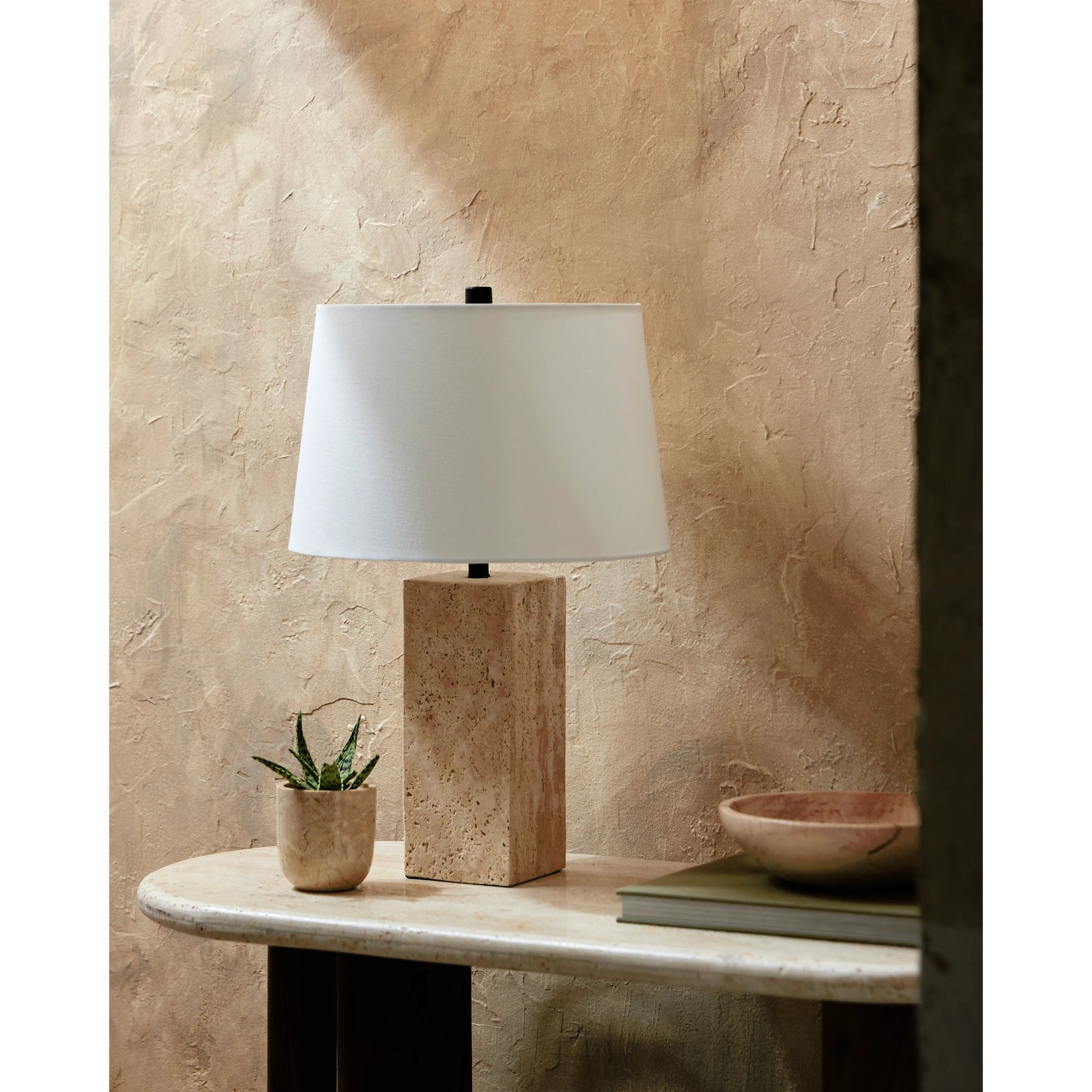 Agate Lamp - 499296 by Surya in beige. Made from body: travertine, shade (outside): linen, shade (inside): polystyrene, finial: metal in a modern style.