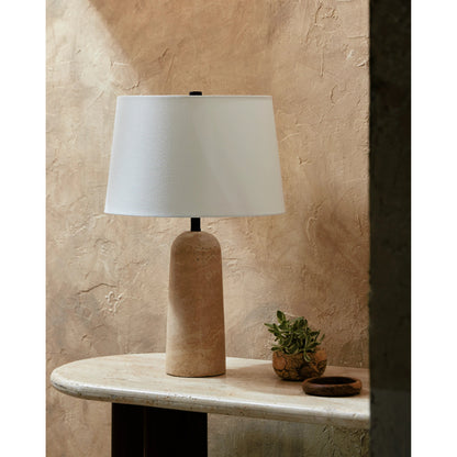 Agate Lamp - 499299 by Surya in white, beige, black, metallic gold and naturalpowder coated. Made from body: travertine, shade (outside): linen, shade (inside): polystyrene, finial: metal in a modern style.