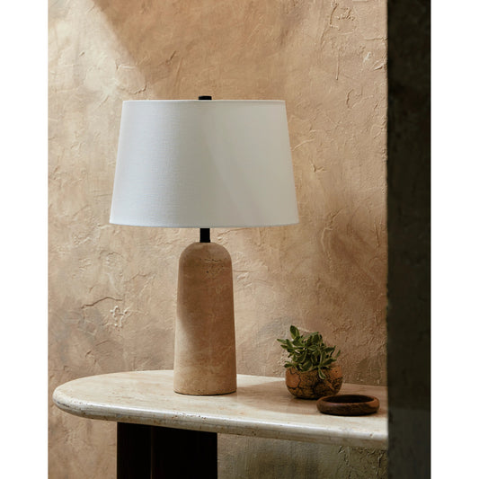 Agate Lamp - 499299 by Surya in beige and naturalpowder coated. Made from body: travertine, shade (outside): linen, shade (inside): polystyrene, finial: metal in a modern style.