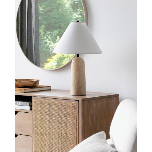 Agate Lamp - 499311 by Surya in beige. Made from body: travertine, shade (outside): linen, shade (inside): polystyrene, finial: metal in a modern style.