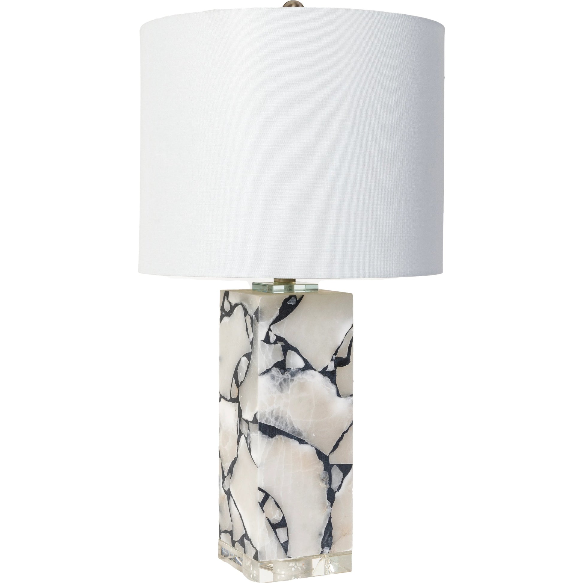 Angelo Table Lamp - 476526 by Surya in white, translucent, metallic nickel, clear and white. Made from body: marble, base: crystal, shade (outside): linen, shade (inside): polyester, finial: metal in a modern style.