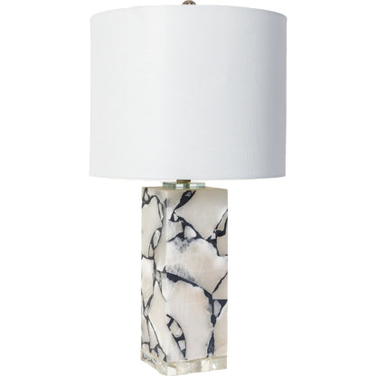 Angelo Table Lamp - 476526 by Surya in white, translucent, metallic nickel, clear and white. Made from body: marble, base: crystal, shade (outside): linen, shade (inside): polyester, finial: metal in a modern style.