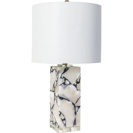 Angelo Table Lamp - 476526 by Surya in white. Made from body: marble, base: crystal, shade (outside): linen, shade (inside): polyester, finial: metal in a modern style.