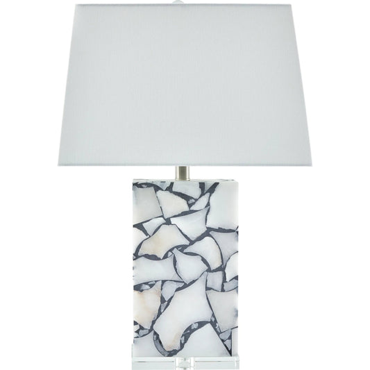 Angelo Accent Table Lamp by Livabliss in body: brick; base: clear; shade (outside): cream; shade (inside): white; finial: clear; harp: metallic - nickel; cord: translucent and polishedmarbledpolished. Made from stone, crysta