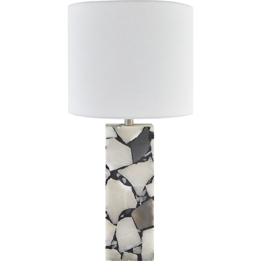 Angelo Accent Table Lamp by Livabliss in burnished light gray. Made from stone, linen, iron in a unique style.