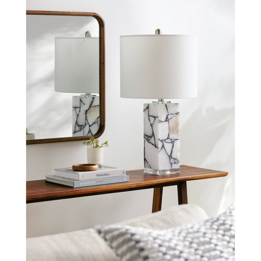 Angelo Table Lamp - 476526 by Surya in white. Made from body: marble, base: crystal, shade (outside): linen, shade (inside): polyester, finial: metal in a modern style.