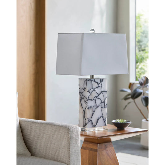 Angelo Accent Table Lamp by Livabliss in body: brick; base: clear; shade (outside): cream; shade (inside): white; finial: clear; harp: metallic - nickel; cord: translucent and polishedmarbledpolished. Made from stone, crystal, 