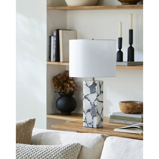 Angelo Accent Table Lamp by Livabliss in burnished light gray. Made from stone, linen, iron in a unique style.