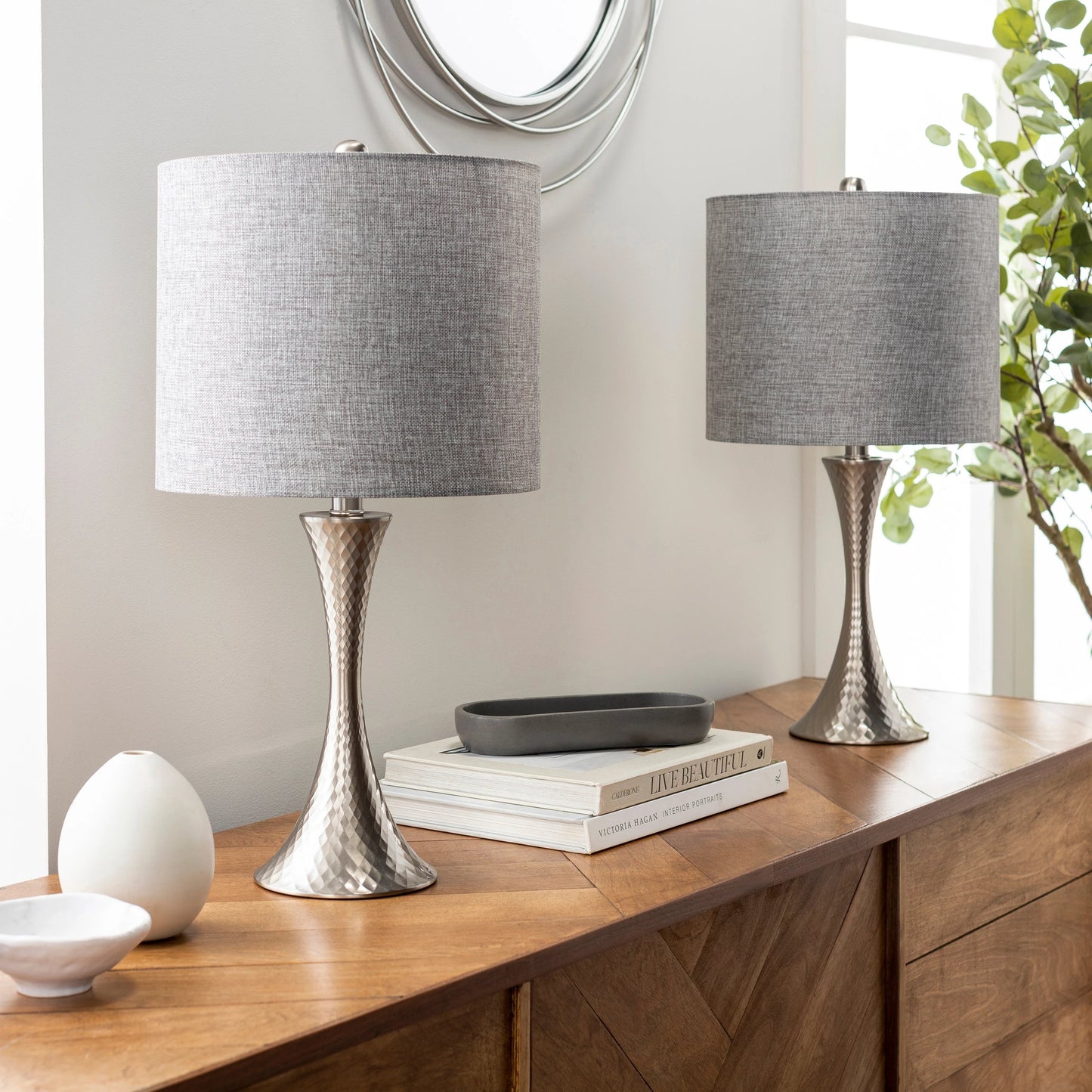 006 SI-1875678 | Lifestyle | Aegina - 30289 by Surya in translucent, gray, white, metallic nickel and polishedbrushed. Made from linen, polyester, metal in a modern style.