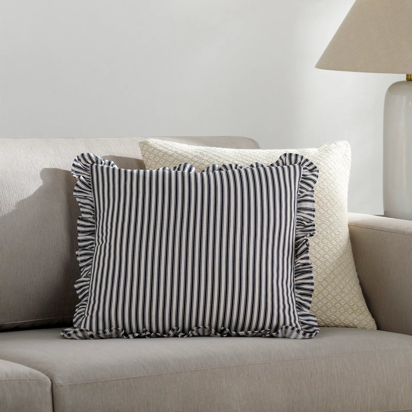 002 SI-1915775,SI-1915776,SI-1915777,SI-1915778 | Lifestyle | Augusta Pillow - 6889 by Livabliss in light silver, jet black, dark grey, ash, slate blue, sage. Made from front: 85% cotton, front: 15% linen, back: 85% cotton, back: 15% linen in a modern styl