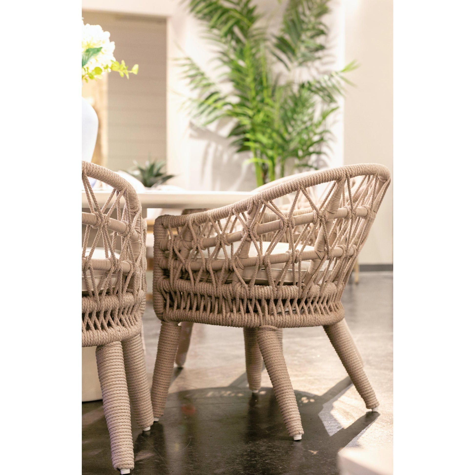 Dana Outdoor Rope Dining Chair in Linen by Sunset West in natural. Made from olefin rope in a coastal style.