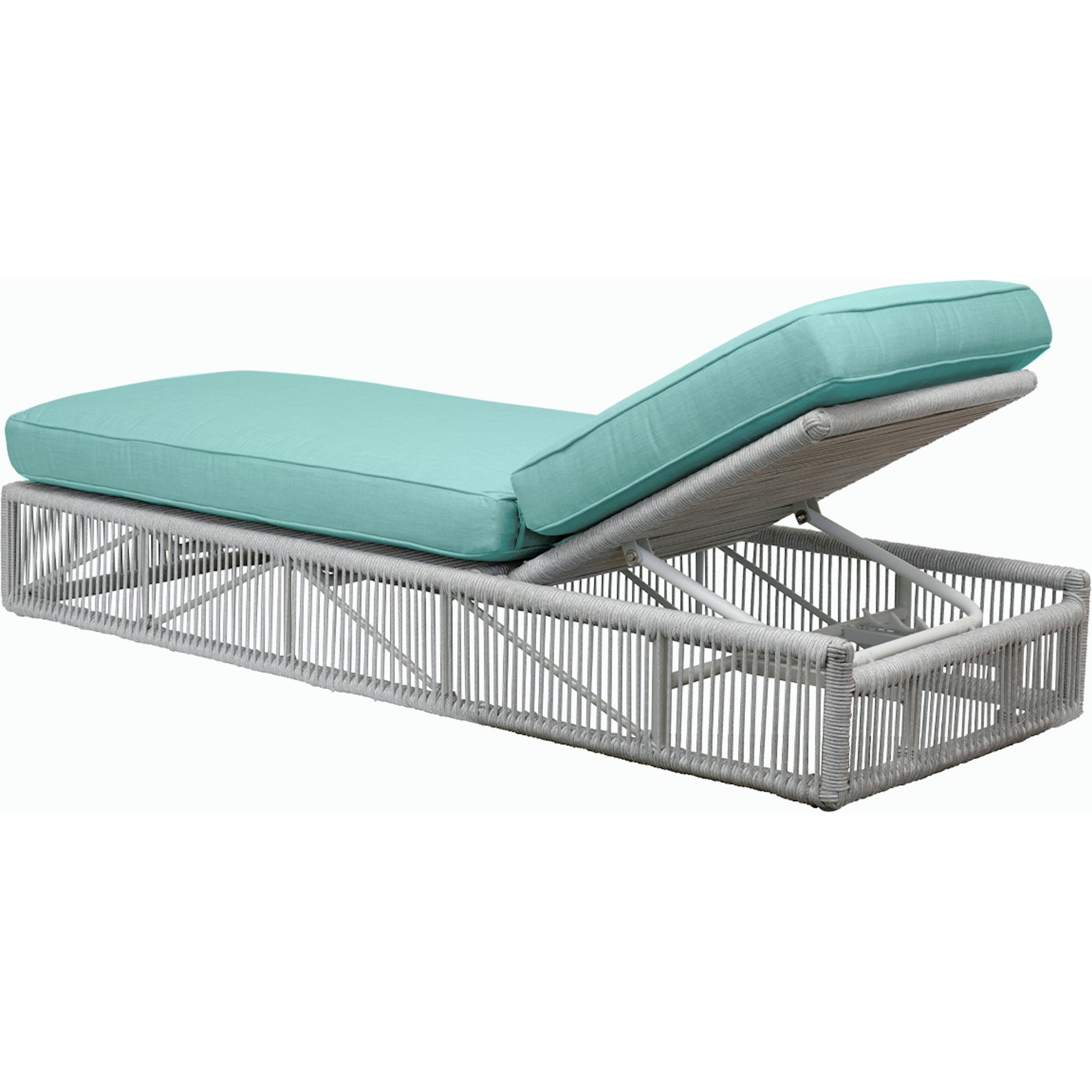 Miami Outdoor Adjustable Chaise by Sunset West in celeste and frost. Made from olefin rope in a coastal style.