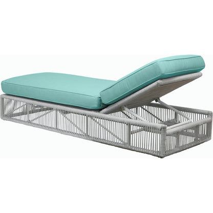 Miami Outdoor Adjustable Chaise by Sunset West in celeste and frost. Made from olefin rope in a coastal style.