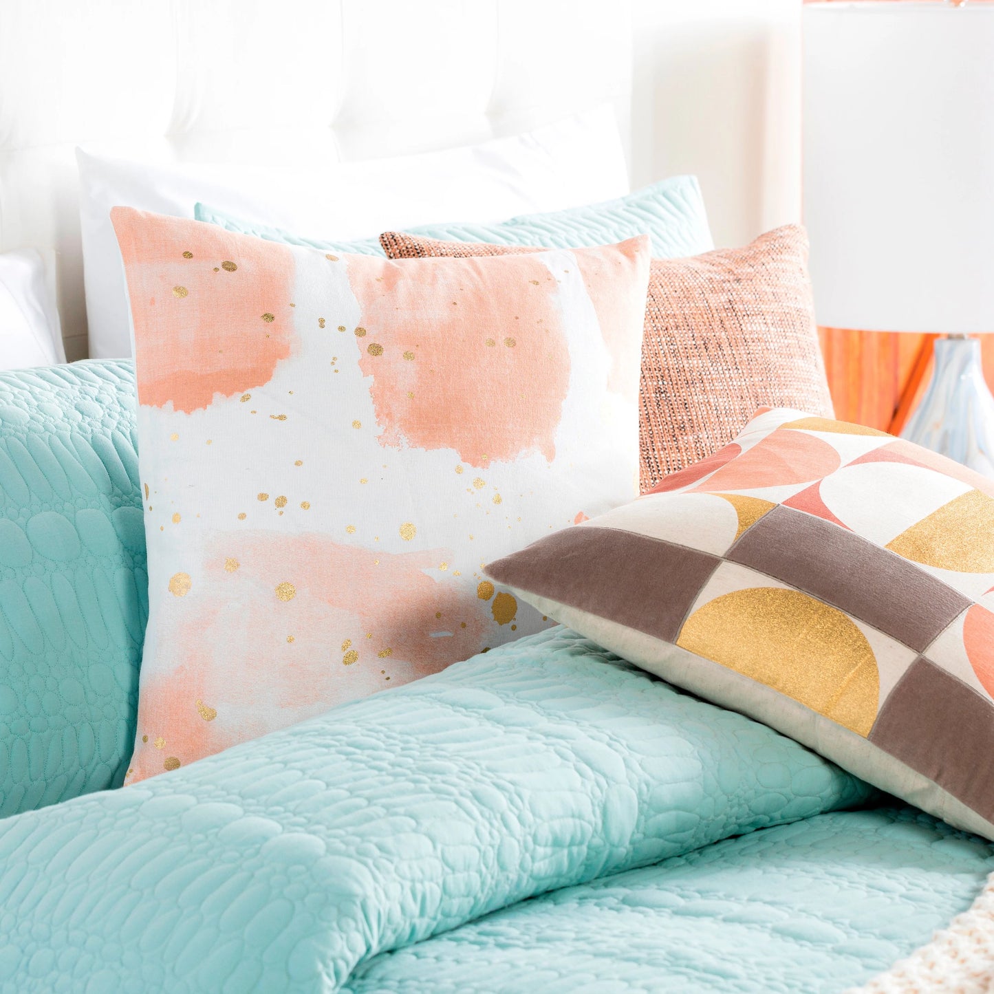 001 SI-1890495,SI-1890496,SI-1890497,SI-1890498 | Lifestyle | Sheana Pillow - 10149 by Surya in peach, white, metallic gold. Made from 100% cotton in a unique style.