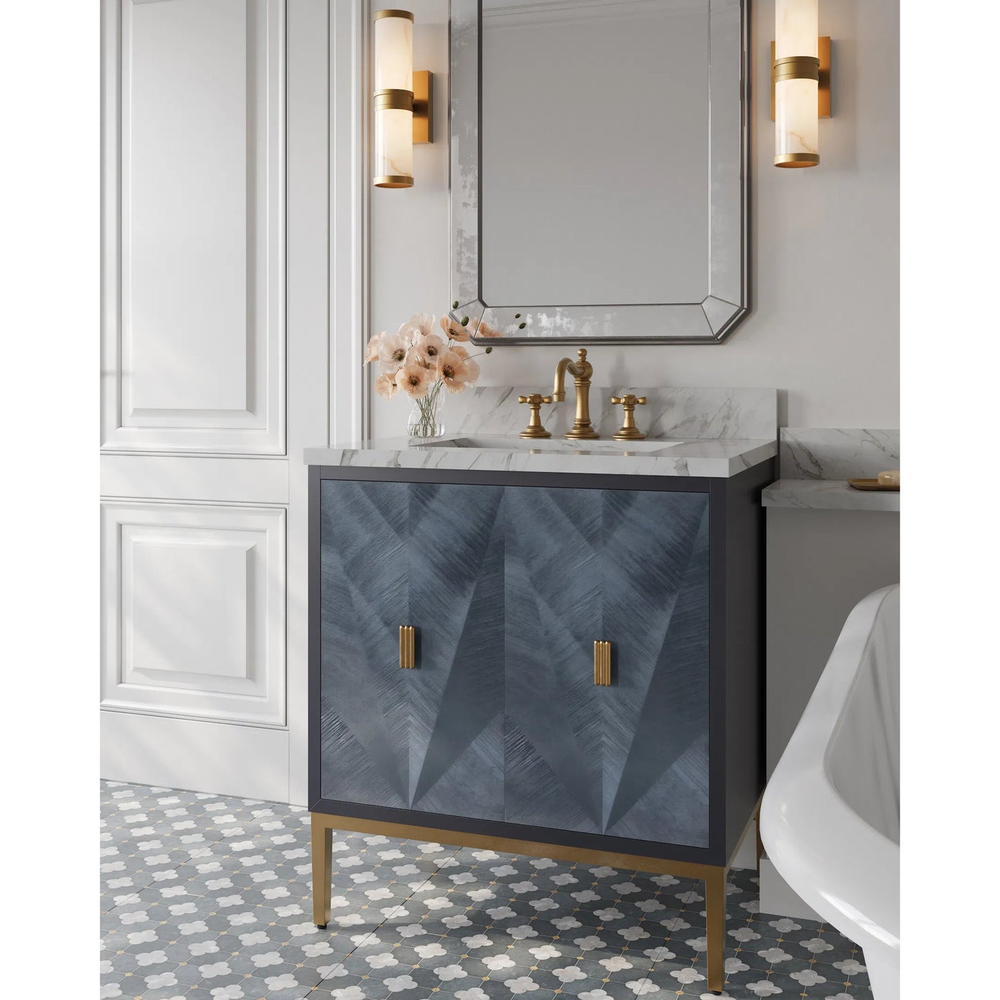 008 SI-2257280 | Lifestyle | Kallista 30" Blue Vanity with Undermount Sink by Currey and Company in dark sapphire, caviar black, natural, white, antique brass. Made from sycamore veneer, mahogany veneer, carrera marble, vitreous china, iron, brass in a ecl