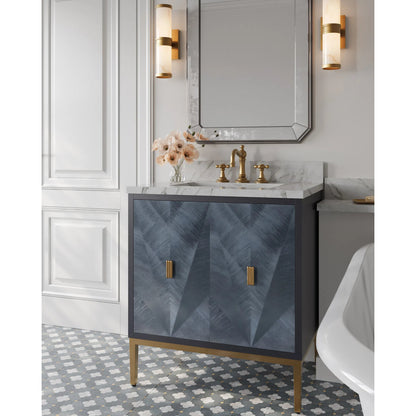 Kallista 30" Blue Vanity with Undermount Sink by Currey and Company in dark sapphire, caviar black, natural, white, antique brass. Made from sycamore veneer, mahogany veneer, carrera marble, vitreous china, iron, brass in a ecl