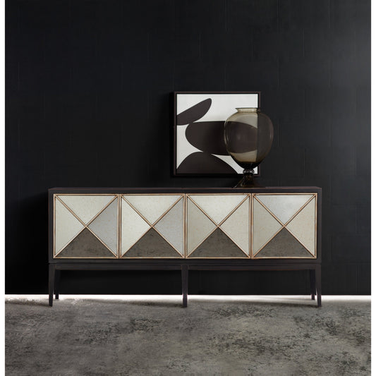 Jova Credenza by Hooker Furniture in distressed black. Made from birch veneers in a modern style.