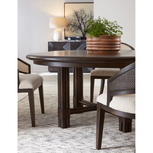 Retreat Pole Rattan Round Dining Table by Hooker Furniture. Made from oak veneers, rope, solid-wood edged top in a cottage & farmhouse style.