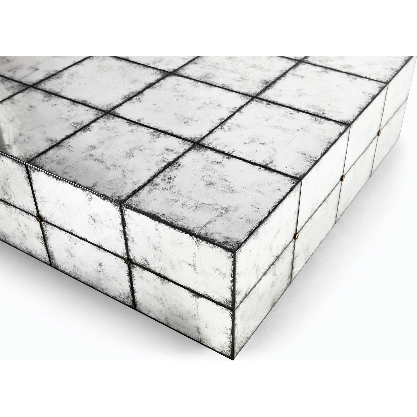 006 SI-2186355 | Closeup | Luna Square Cocktail Table by Jonathan Charles in silver and eglomise. Made from hardwood solids, glass, brass in a modern style.