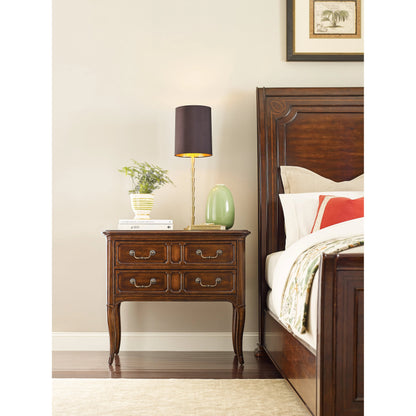 Charleston Two-Drawer Nightstand by Hooker Furniture in black cherry. Made from cherry veneers with solid-wood edge top in a transitional style.