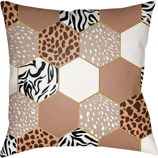 Animal Hexigon Pillow - 19679 by Livabliss in white, brown, black, metallic gold, tan. Made from front: 100% polyester, back: 100% polyester, fill: polyester, polyfill in a modern style.