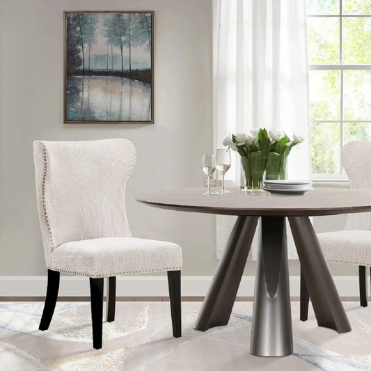 Elara Design Upholstered 2 Pieces Dining Chair Set - PZW-2066 by Pasargad Home in ivory, dark brown. Made from polyester in a unique style.