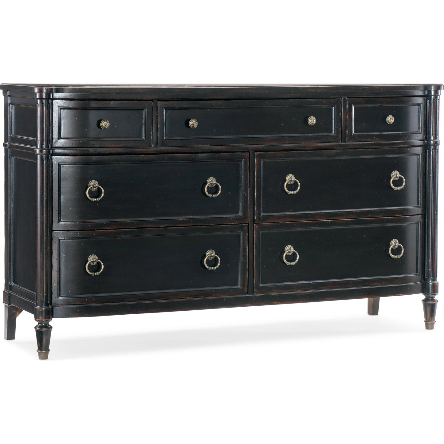 002 SI-2029034 | Primary Silo | Charleston Seven-Drawer Dresser by Hooker Furniture. Made from cherry, okoume veneers, walnut inlay, olive ash burl, metal ferrules, solid-wood edge top in a traditional style.