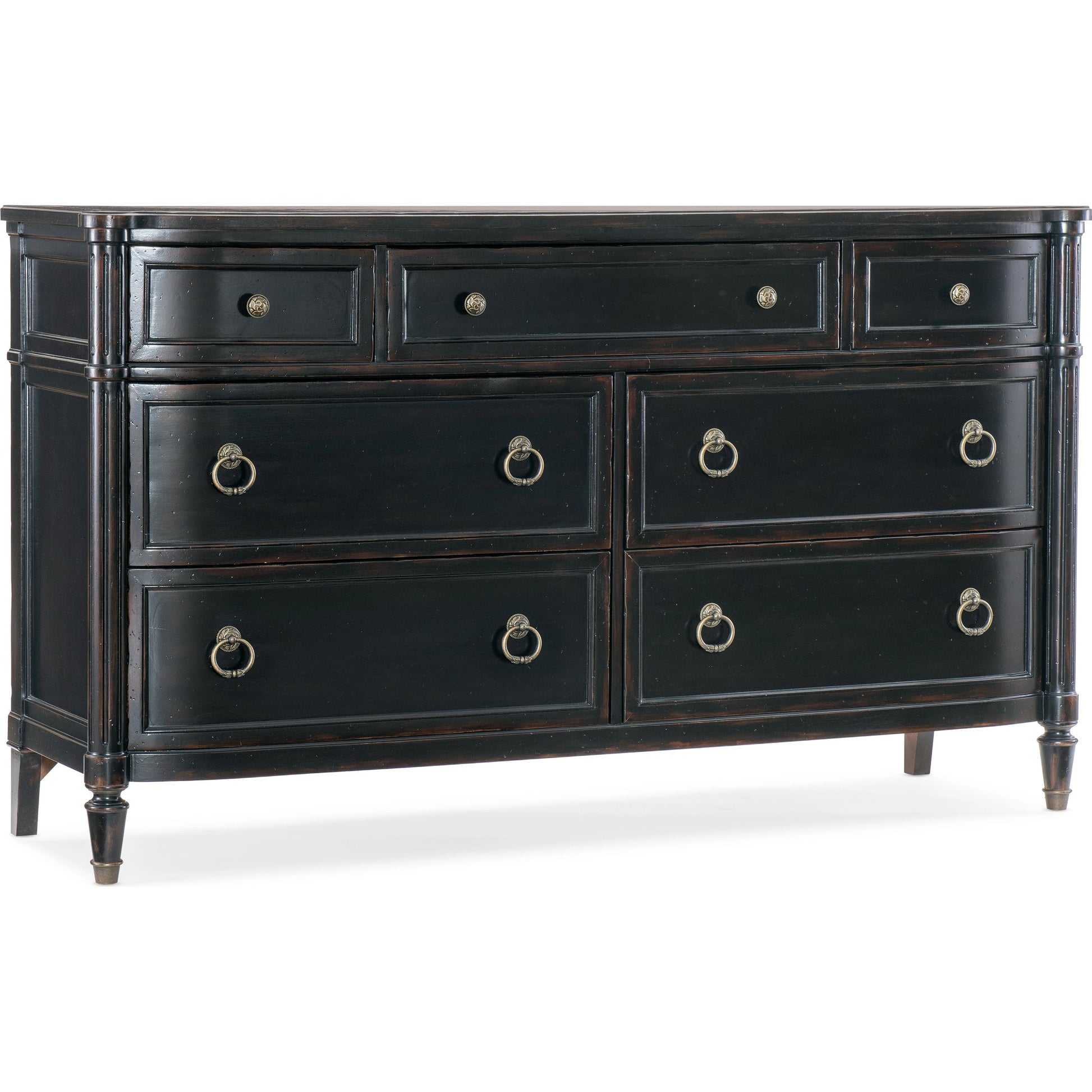 Charleston Seven-Drawer Dresser by Hooker Furniture. Made from cherry, okoume veneers, walnut inlay, olive ash burl, metal ferrules, solid-wood edge top in a traditional style.