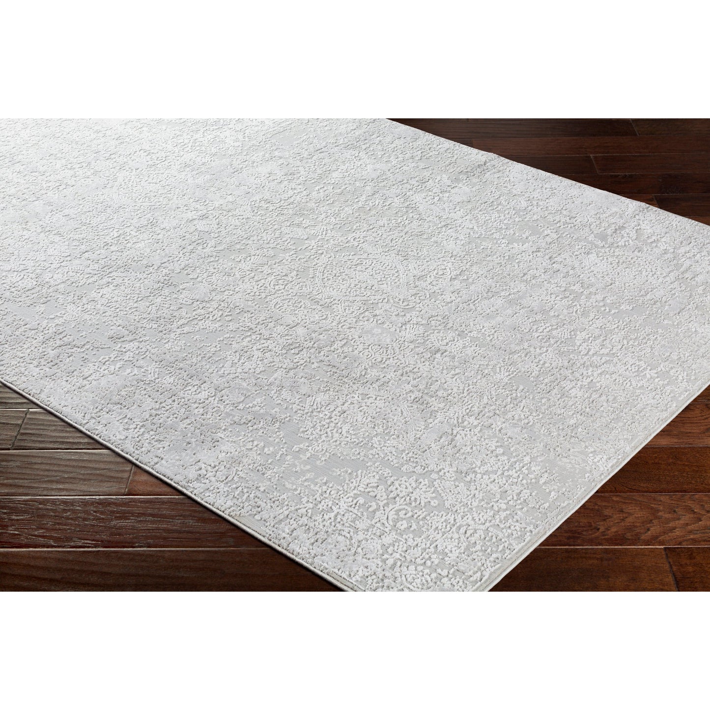 004 99609-41720 | Closeup | Aisha Rug by Livabliss in light gray, off-white. Made from 70% viscose, 30% polyester in a traditional style.