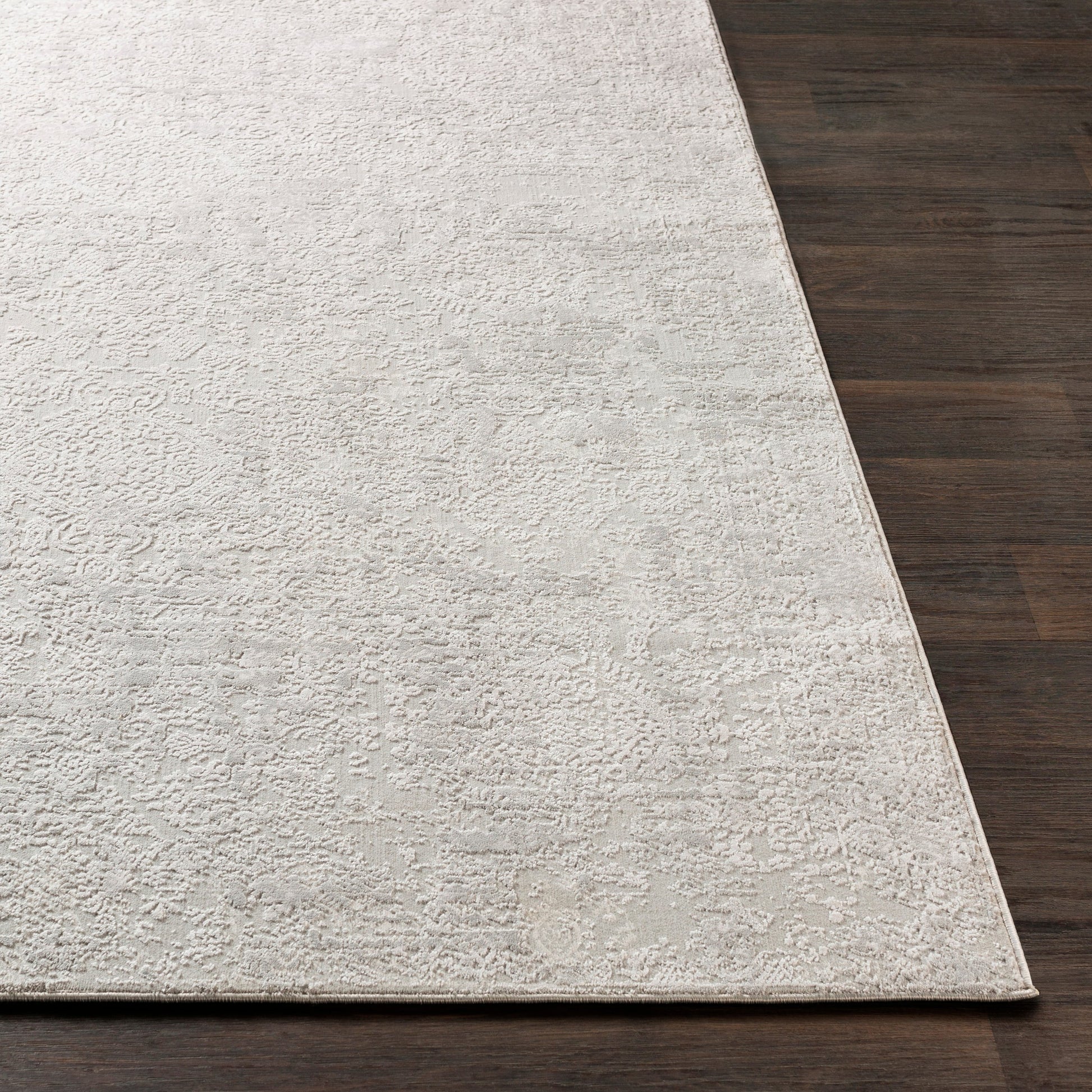 Aisha Rug by Livabliss in light gray, off-white. Made from 70% viscose, 30% polyester in a traditional style.