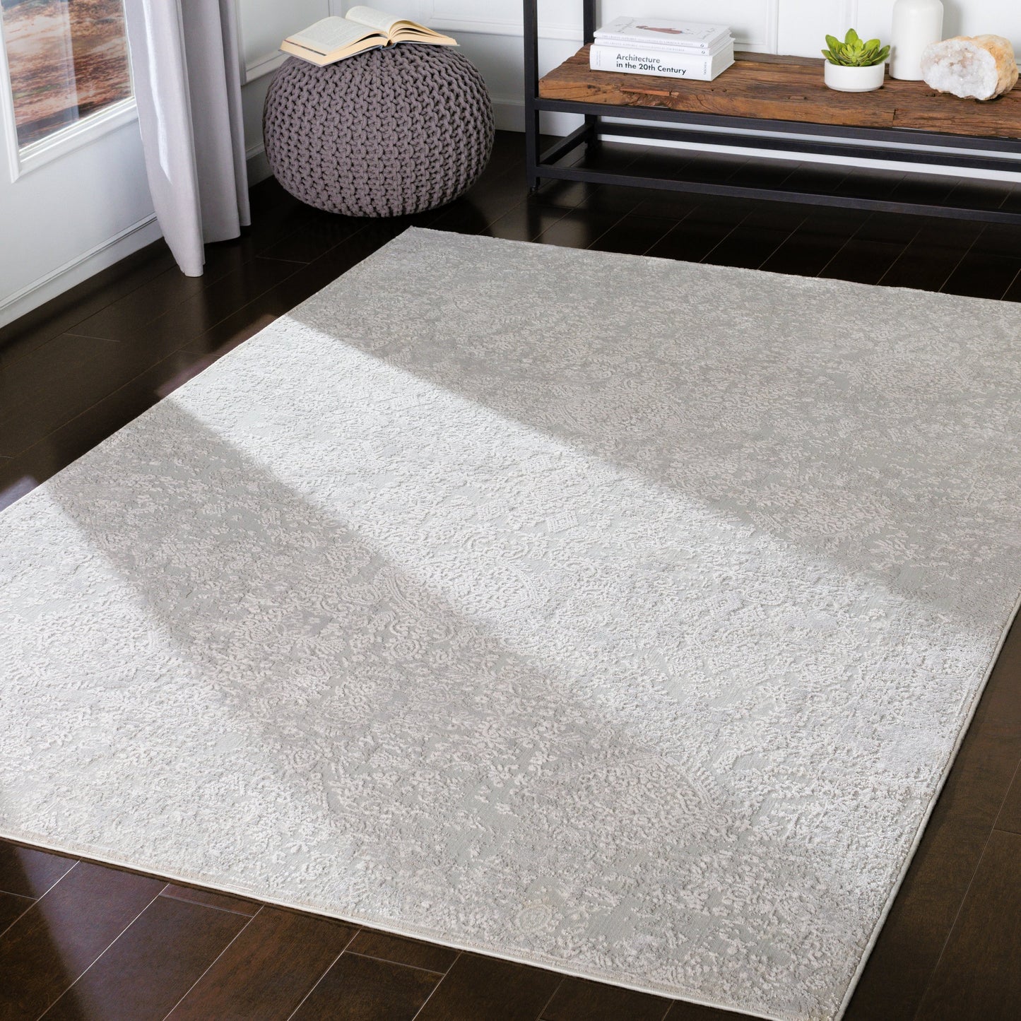 015 99609-41720 | Lifestyle | Aisha Rug by Livabliss in light gray, off-white. Made from 70% viscose, 30% polyester in a traditional style.