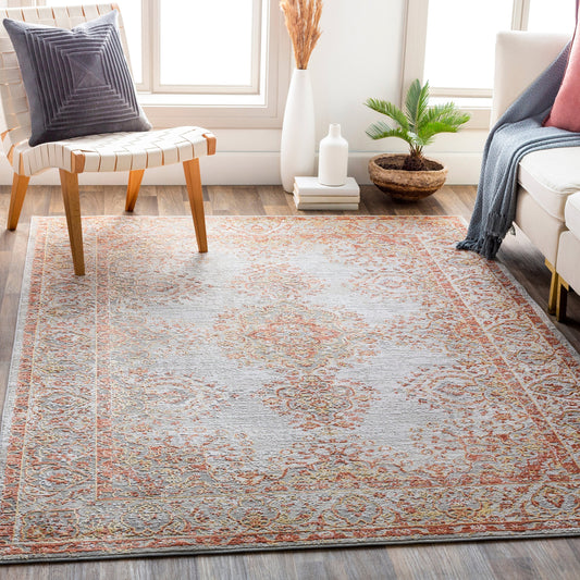 Aisha Rug - 25218 by Livabliss in burnt orange, wheat, off-white, taupe, gray. Made from 70% viscose, 30% polyester in a unique style.