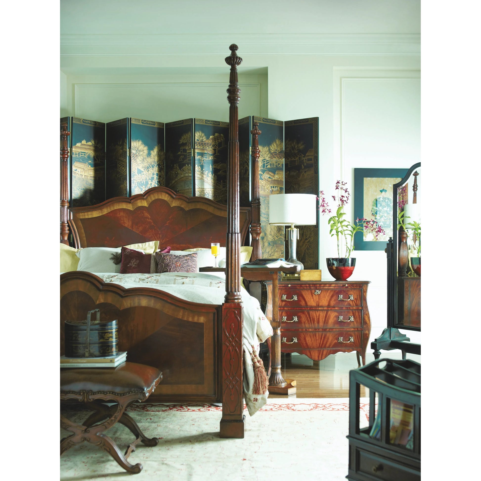 Versailles Mahogany King Poster Bed by Jonathan Charles in brown and medium antique mahogany. Made from mahogany in a traditional style.