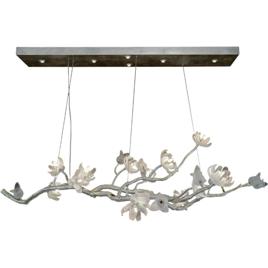 Churippu Magnolia & Tulip Glass Oblong Nineteen-Light Chandelier by John-Richard in silver leaf. Made from unique in a unique style.