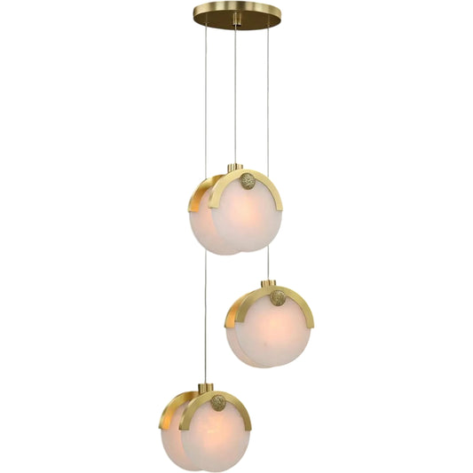 Astralis Three-Light Pendant Chandelier by John-Richard in brass, white and brushed brass. Made from brass, alabaster stone in a unique style.