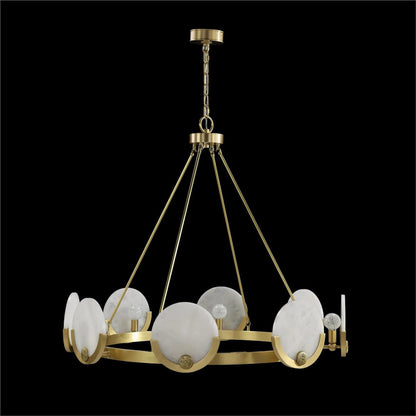 Astralis Eight-Light Chandelier by John-Richard in brass, white and brushed brass. Made from brass, alabaster stone in a traditional style.