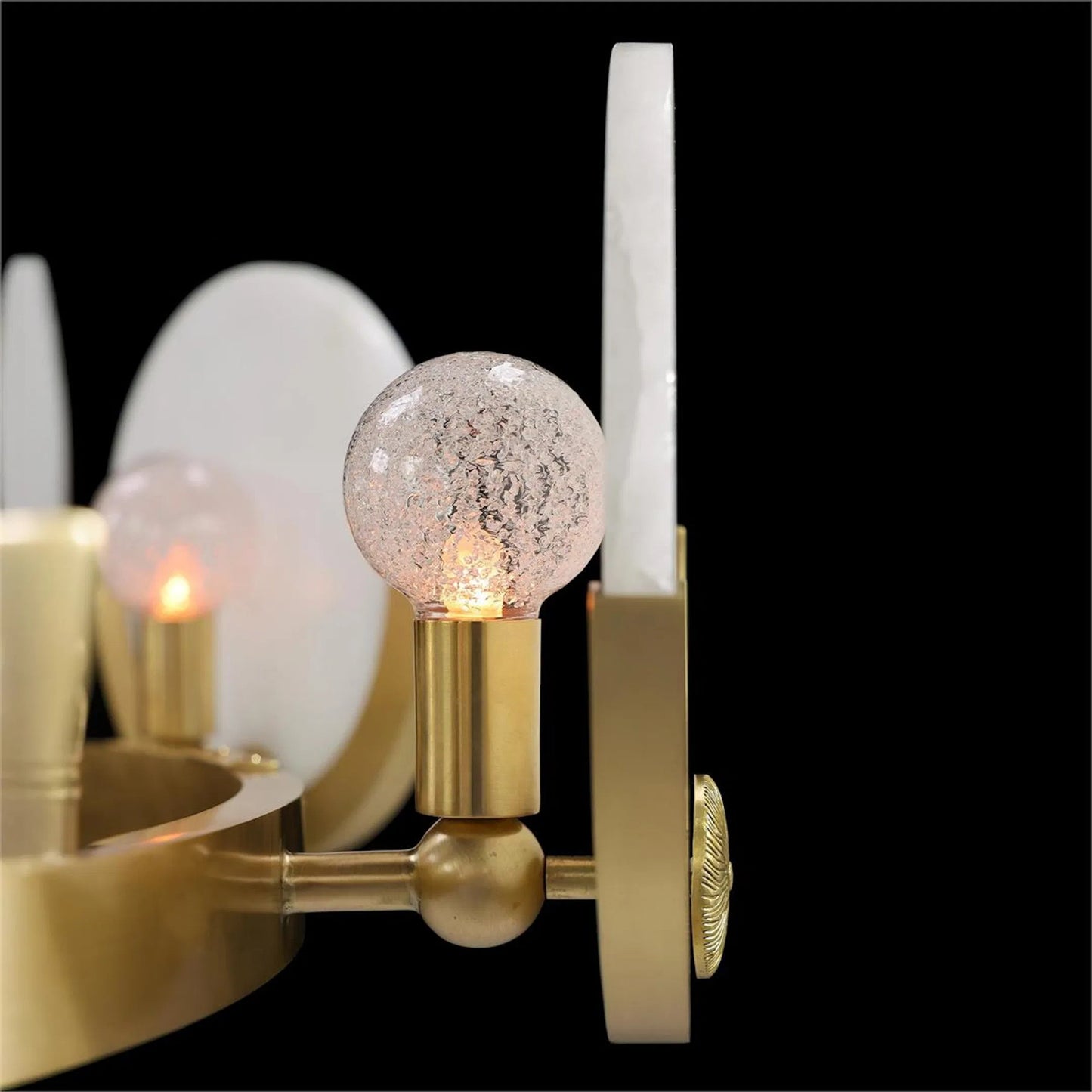 005 SI-2372944 | Closeup | Astralis Eight-Light Chandelier by John-Richard in brass, white and brushed brass. Made from brass, alabaster stone in a traditional style.
