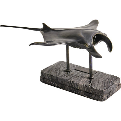 Manta Ray Bronze Statue with Marble Base by Jonathan Charles in dark rustic waxed bronze. Made from main brass in a unique style.