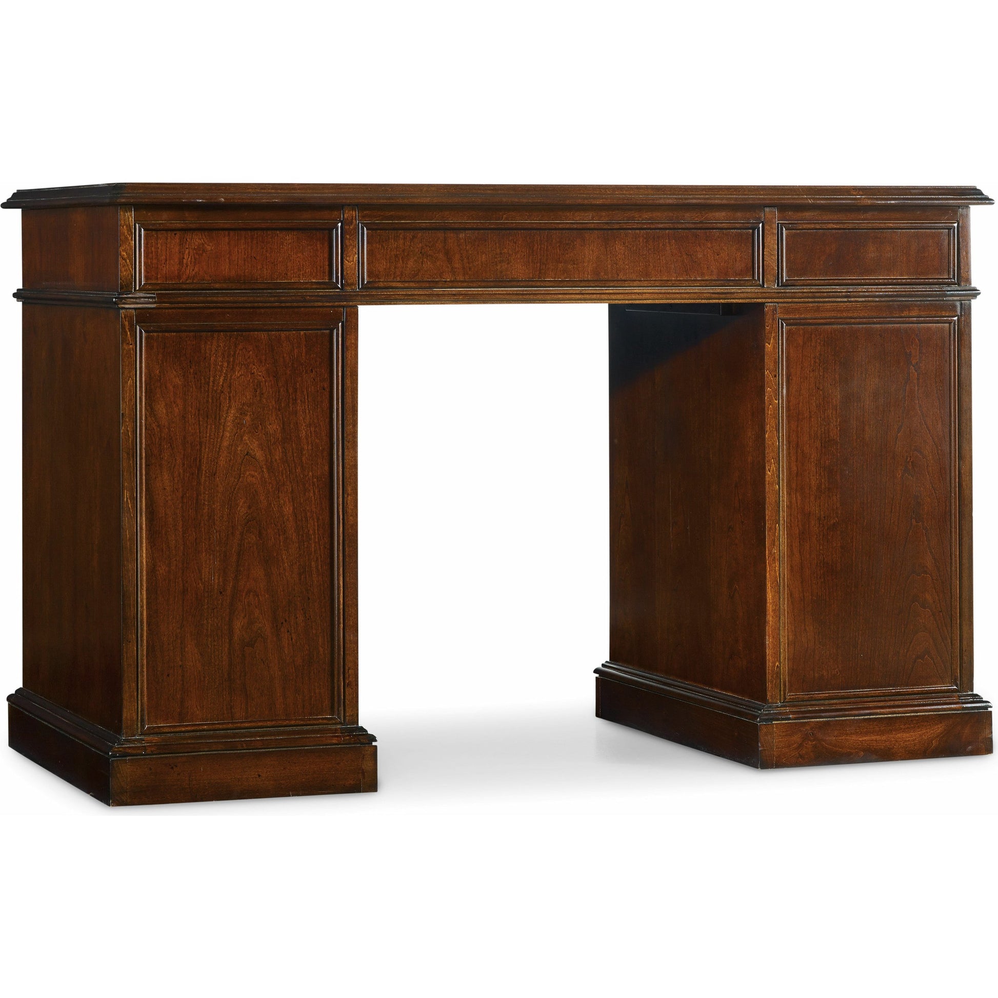Cherry Knee Hole Desk by Hooker Furniture in cherry. Made from cherry veneers with high quality bonded leather in a traditional style.