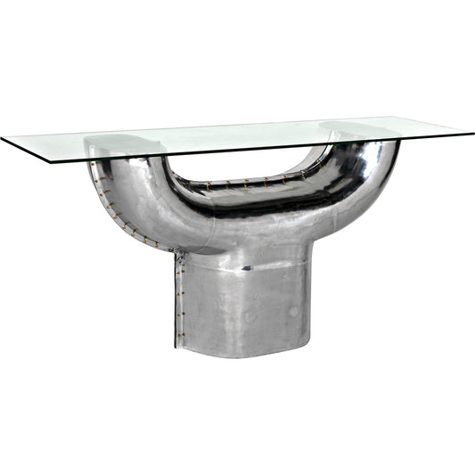 Titan Console by Noir in chrome. Made from aluminum and glass in a unique style.