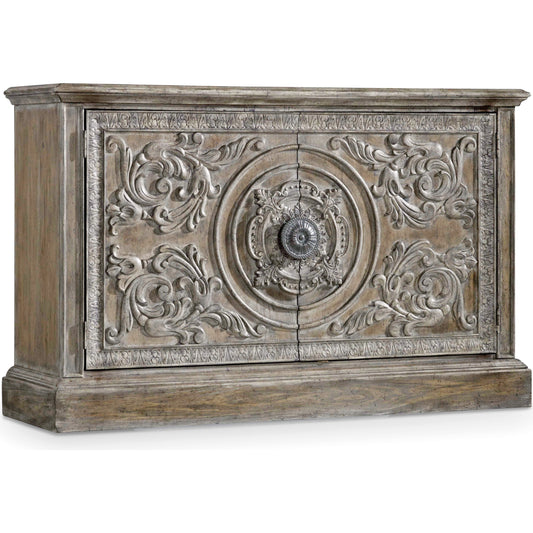 True Vintage Accent Console by Hooker Furniture in driftwood. Made from pecky pecan veneers, resin, solid-wood edge top in a traditional style.
