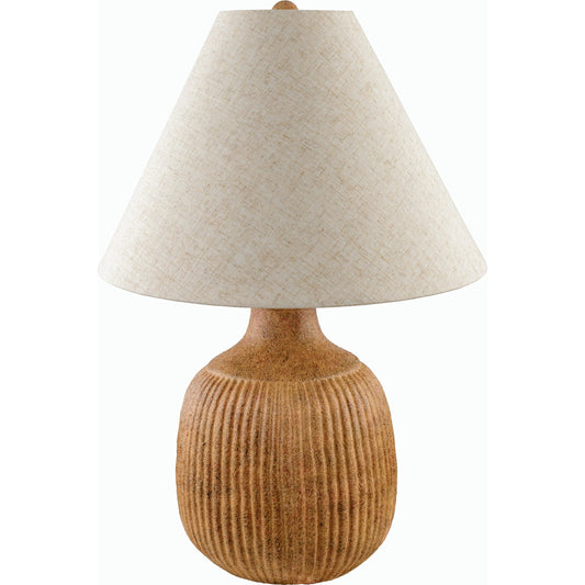 Abella Table Lamp by Livabliss in body: blush, shade (outside): wheat, shade (inside): white, finial: metallic - brass, harp: metallic - brass, cord: translucent and paintedelectroplated. Made from ceramic, linen, metal, iro