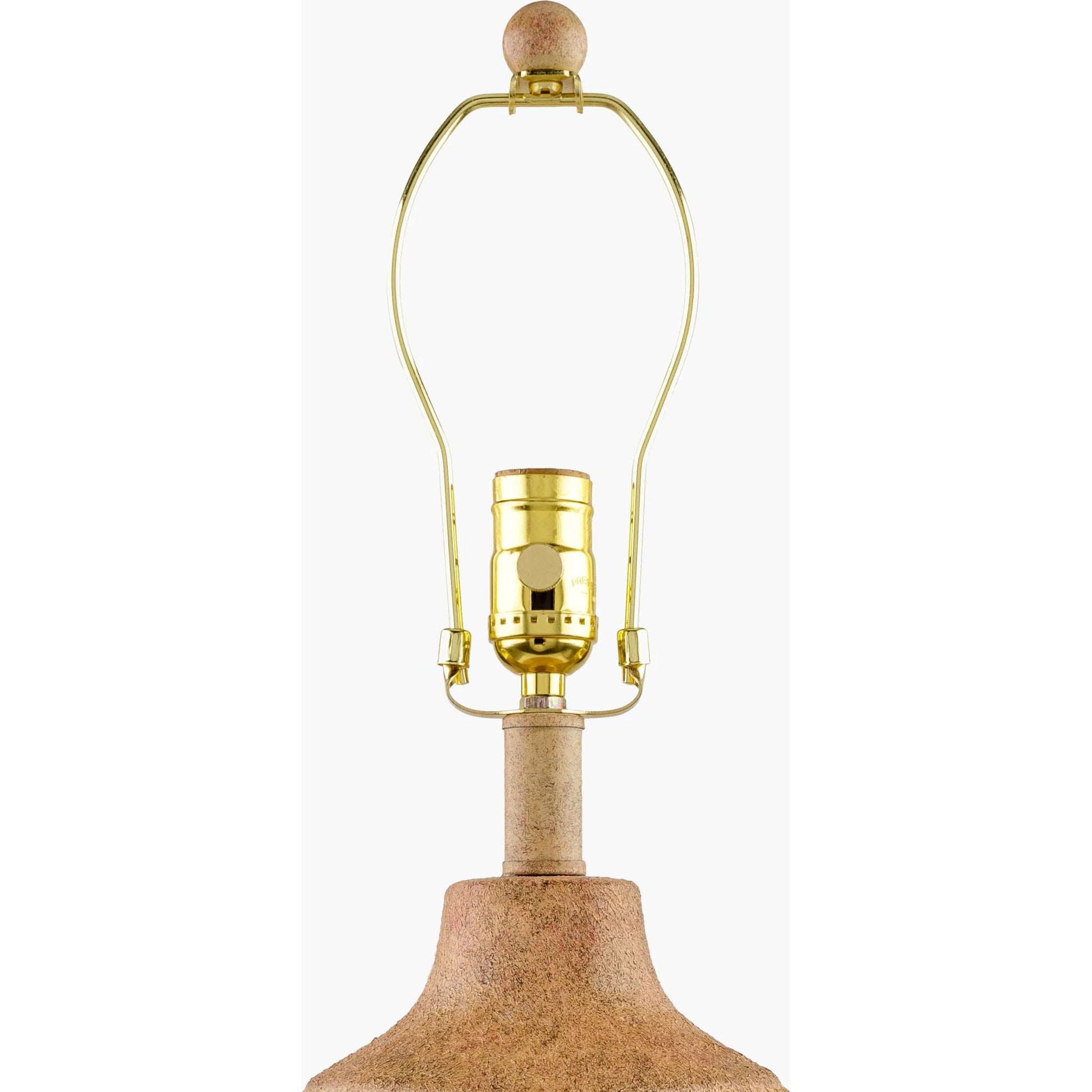Abella Table Lamp by Livabliss in body: blush, shade (outside): wheat, shade (inside): white, finial: metallic - brass, harp: metallic - brass, cord: translucent and paintedelectroplated. Made from ceramic, linen, metal, iron in 