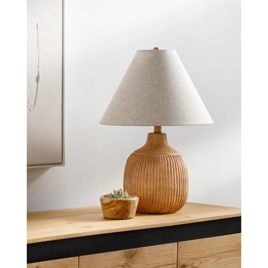 Abella Table Lamp by Livabliss in body: blush, shade (outside): wheat, shade (inside): white, finial: metallic - brass, harp: metallic - brass, cord: translucent and paintedelectroplated. Made from ceramic, linen, metal, iron i