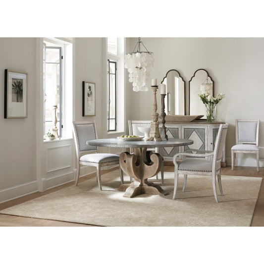Ascension Zinc Dining Table by Hooker Furniture in light brown. Made from white oak veneers, resin in a eclectic & global style.